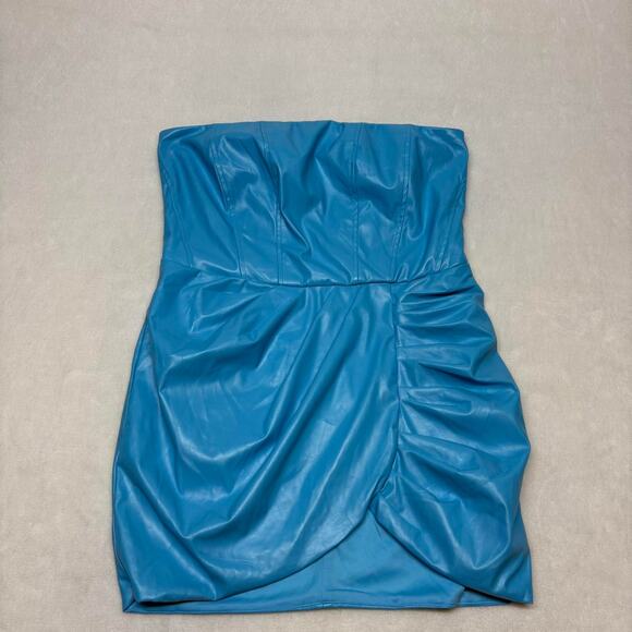 Fashion Nova Strapless Faux Leather Ruched Bodycon Mini Dress Blue Size 1X 14/16 - Picture 3 of 9